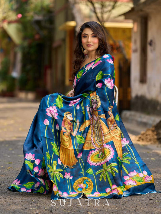 Navy Blue Tussar Silk Saree with Heritage Pichwai Print