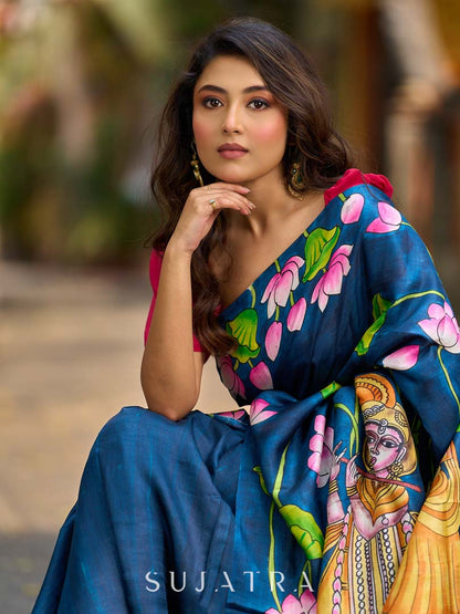 Navy Blue Tussar Silk Saree with Heritage Pichwai Print