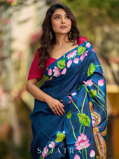 Navy Blue Tussar Silk Saree with Heritage Pichwai Print