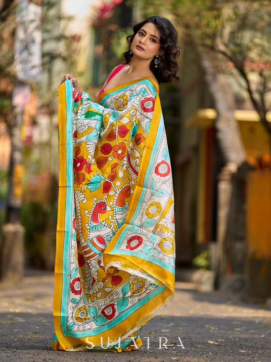 Aqua Blue Tussar Silk Saree with Statement Kalamkari Print