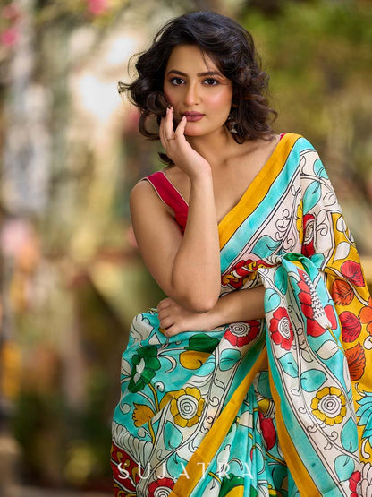 Aqua Blue Tussar Silk Saree with Statement Kalamkari Print