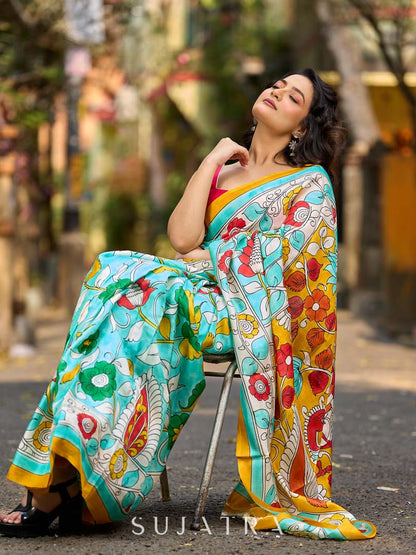 Aqua Blue Tussar Silk Saree with Statement Kalamkari Print