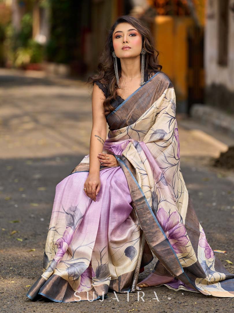 Dusty Lavender Tussar Silk Saree with Elegant Floral Print & Zari Border
