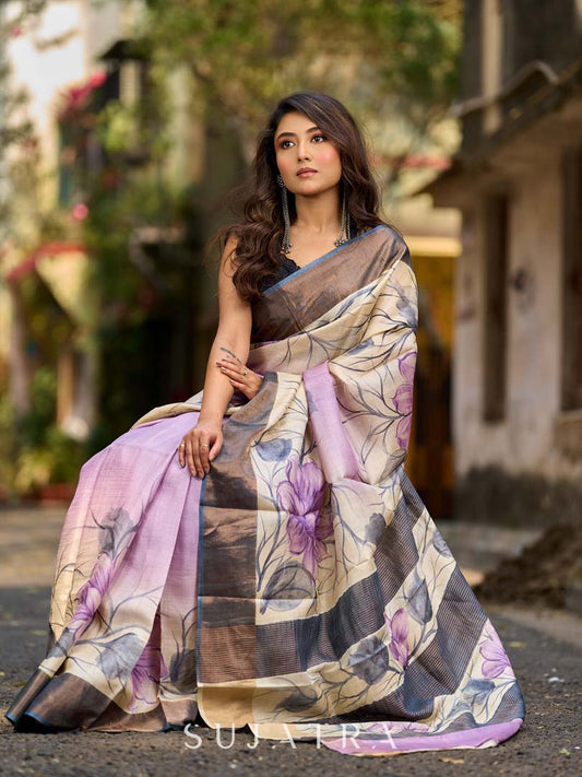 Dusty Lavender Tussar Silk Saree with Elegant Floral Print & Zari Border