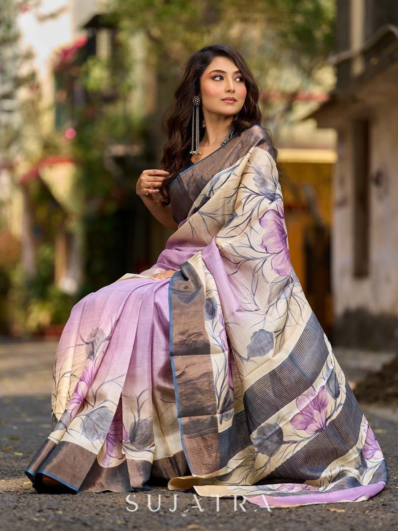 Dusty Lavender Tussar Silk Saree with Elegant Floral Print & Zari Border