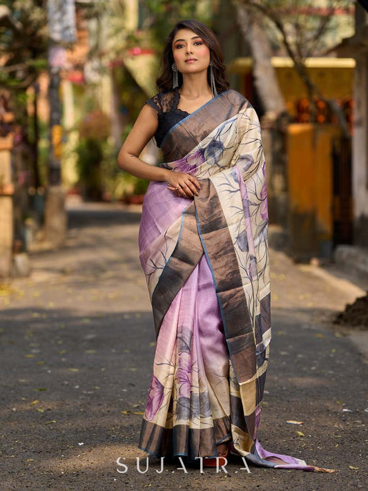 Dusty Lavender Tussar Silk Saree with Elegant Floral Print & Zari Border