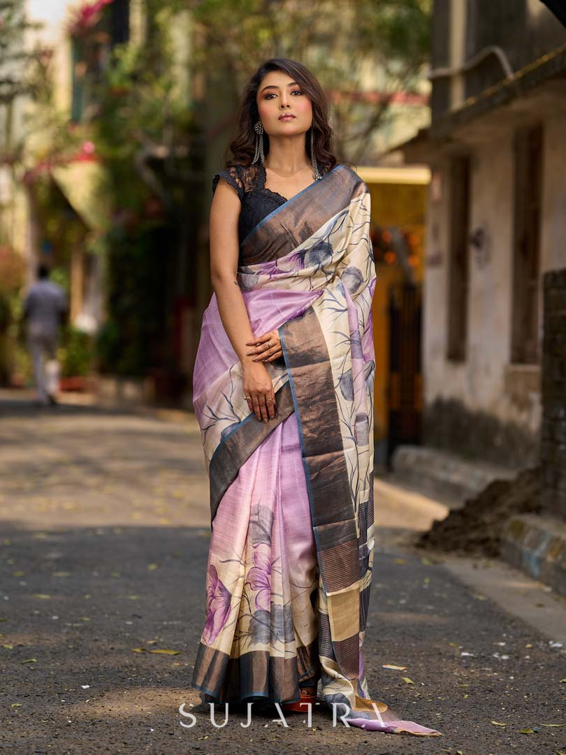 Dusty Lavender Tussar Silk Saree with Elegant Floral Print & Zari Border