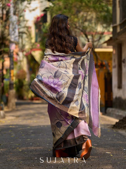Dusty Lavender Tussar Silk Saree with Elegant Floral Print & Zari Border