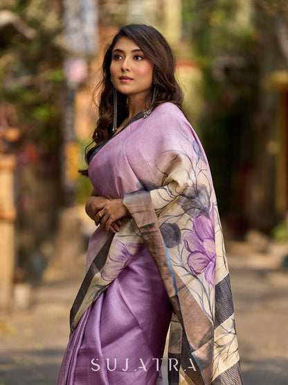 Dusty Lavender Tussar Silk Saree with Elegant Floral Print & Zari Border