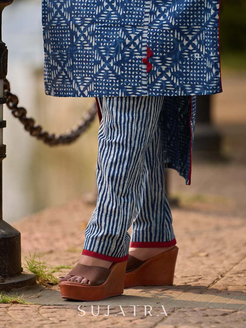 Sleek Indigo Striped Straight Pants Featuring Maroon Edge Detailing