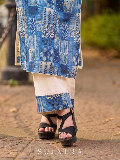 Ivory Cotton Pants Featuring Indigo Printed Hem Border