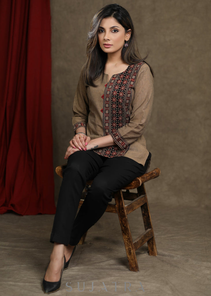Beige Cotton Top with Ajrakh Combination