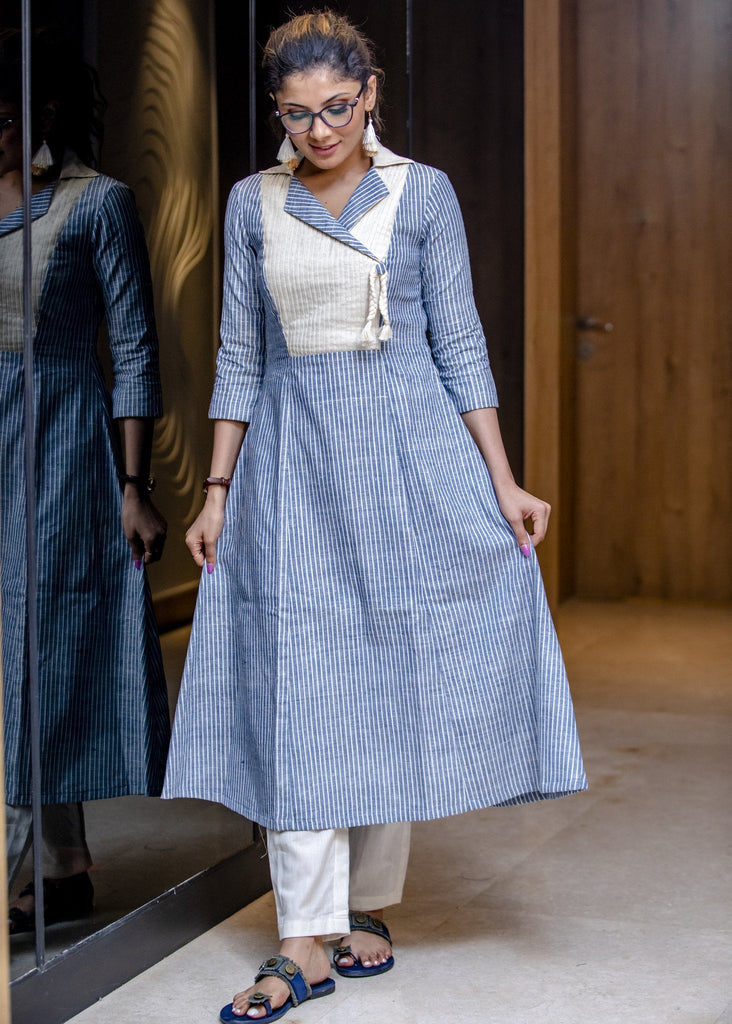 Exclusive striped handloom cotton dress with pin tucks in yoke & reverse overlap collar