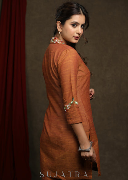 Trendy Rust cotton tunic with embroidered collar & sleeves - Co ord pant optional