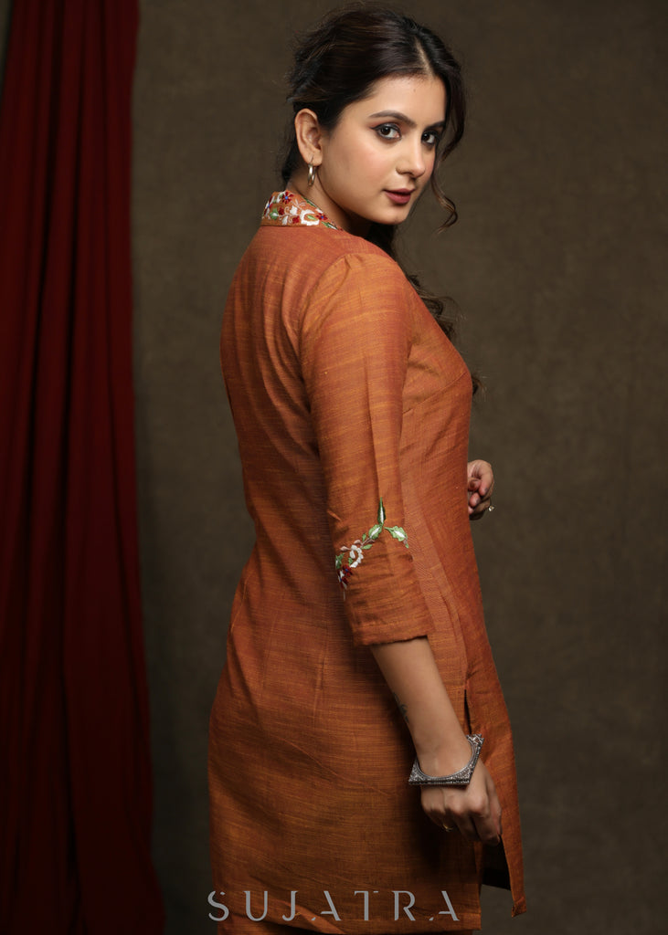 Trendy Rust cotton tunic with embroidered collar & sleeves - Co ord pant optional