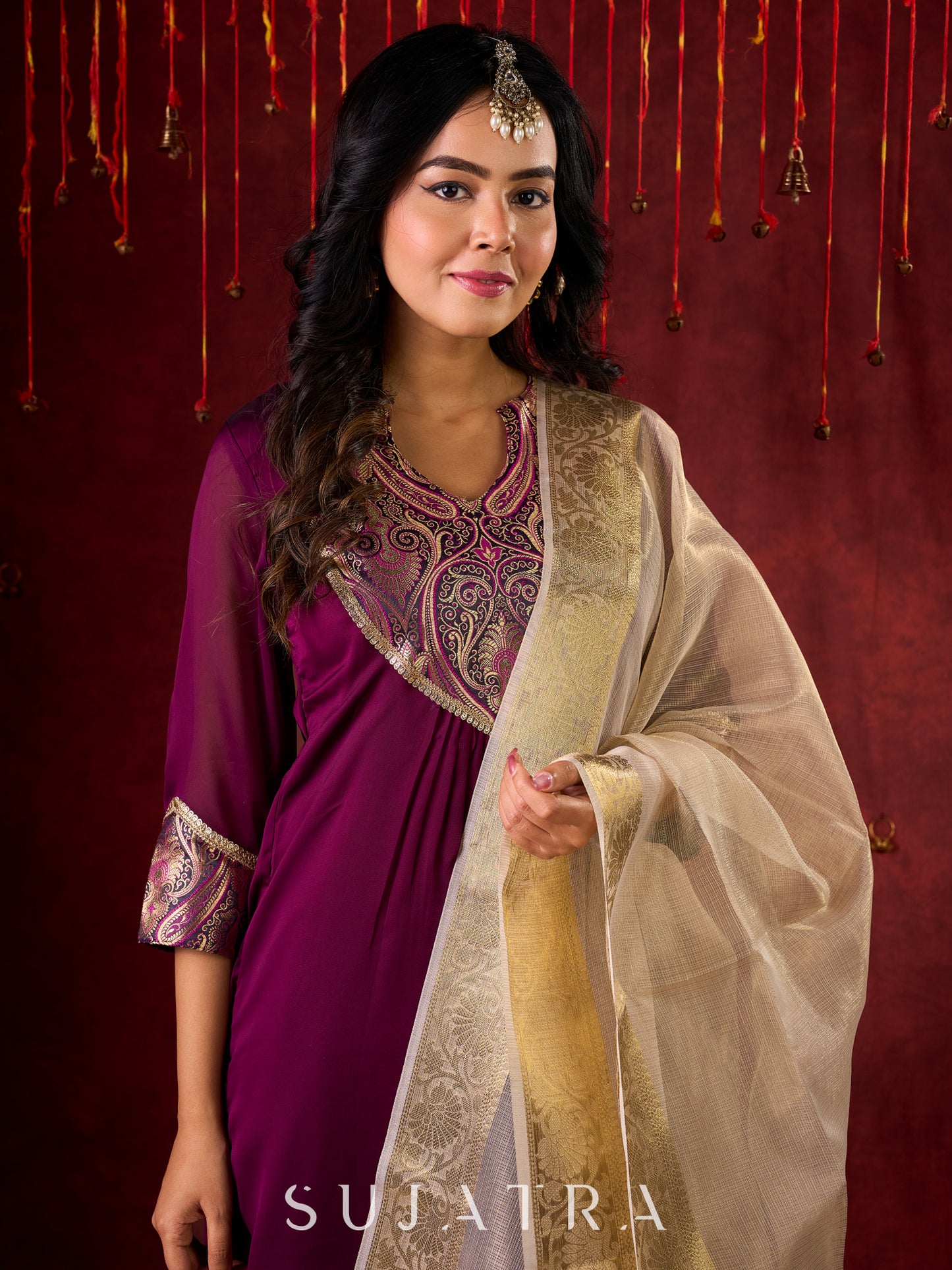 Light Gold Chanderi Kota Checkered Dupatta with Jacquard Border