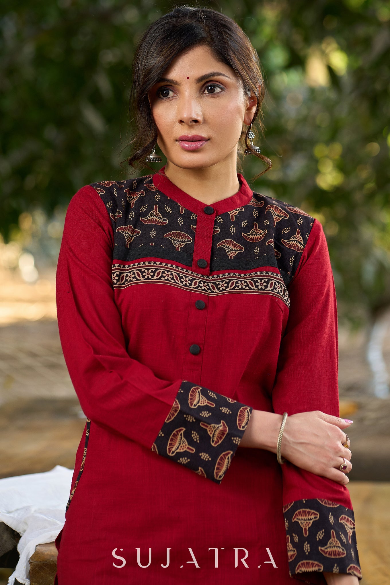Classic Maroon Cotton Kurta Featuring Subtle Ajrakh Accents