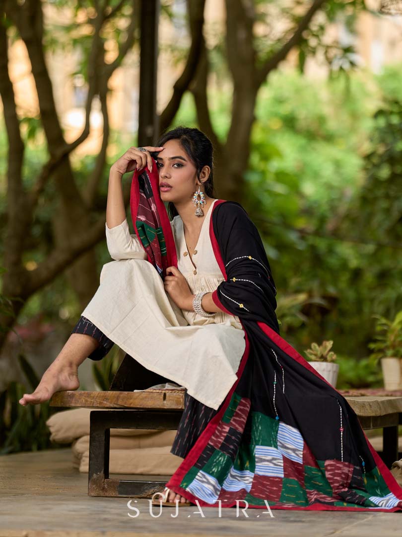 Chic Black Rayon Dupatta with Kantha & Mirror Embroidery and Ikat Patchwork Pallu