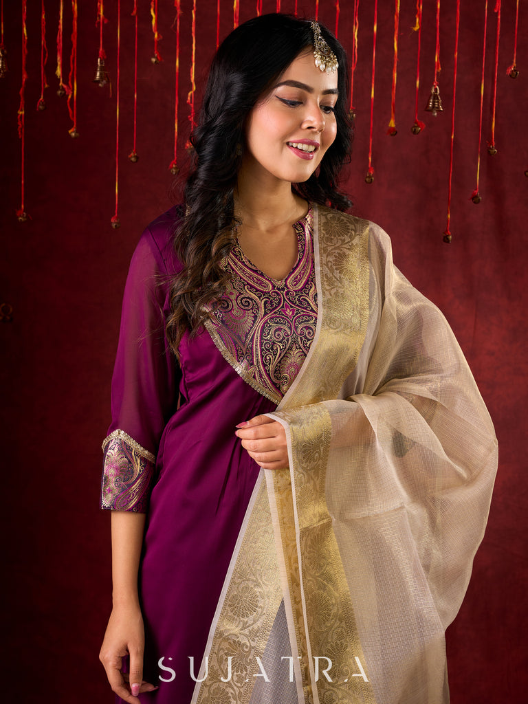 Regal Purple Silk Kurta with Gathered Silhouette & Brocade Accents