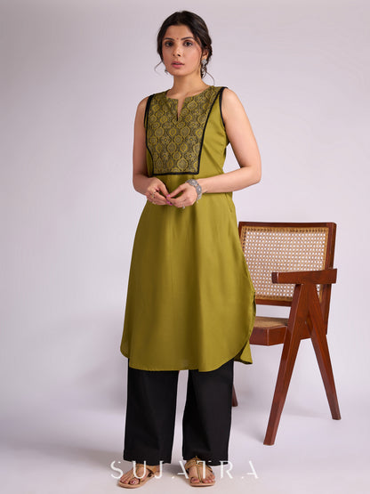 Olive Green Rayon Kurta with Elegant Ajrakh Yoke & Black Piping