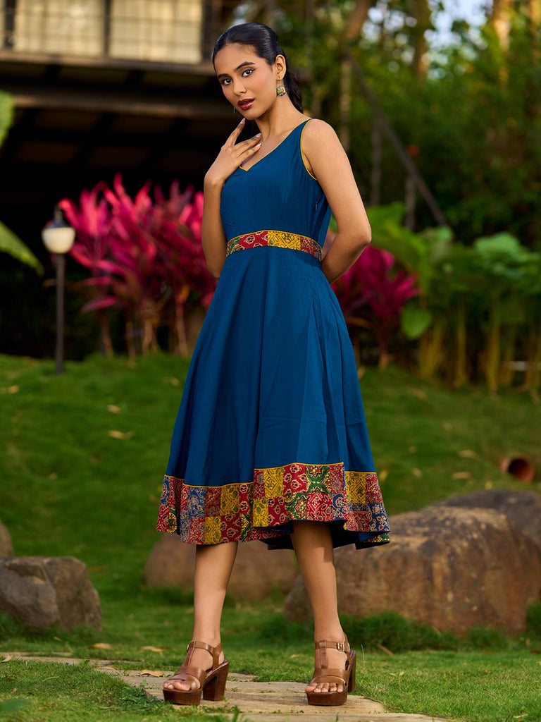 Artisanal Indigo Rayon Flared Dress Featuring Ajrakh Patchwork Hem And Waistline