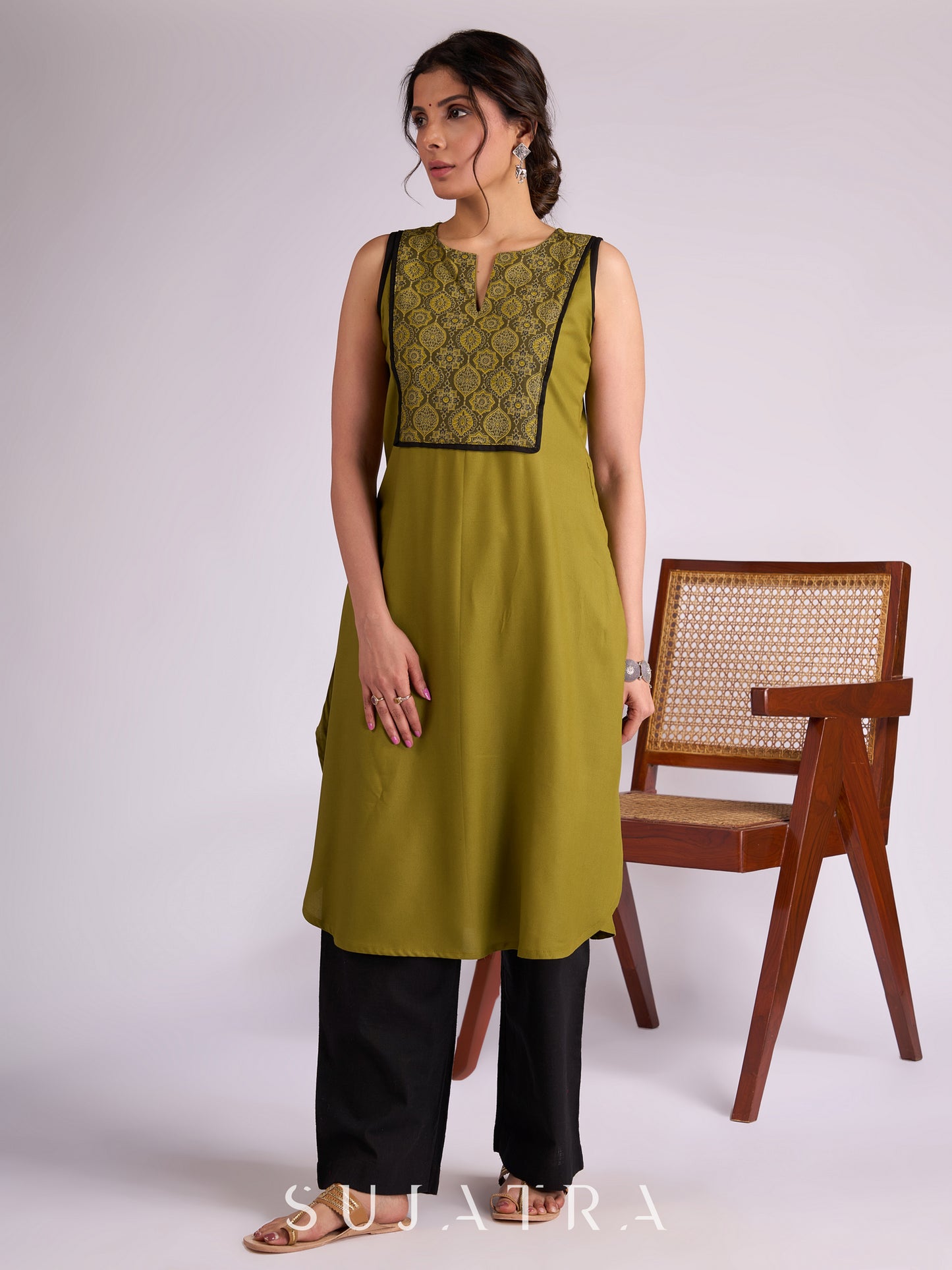 Olive Green Rayon Kurta with Elegant Ajrakh Yoke & Black Piping