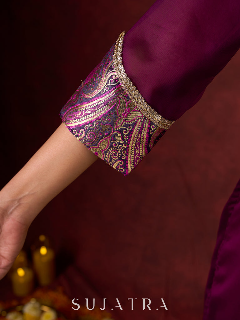 Regal Purple Silk Kurta with Gathered Silhouette & Brocade Accents