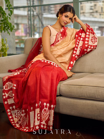 Elegant Red Pure Silk Saree with White Warli Art Print & Folk Motif Pallu