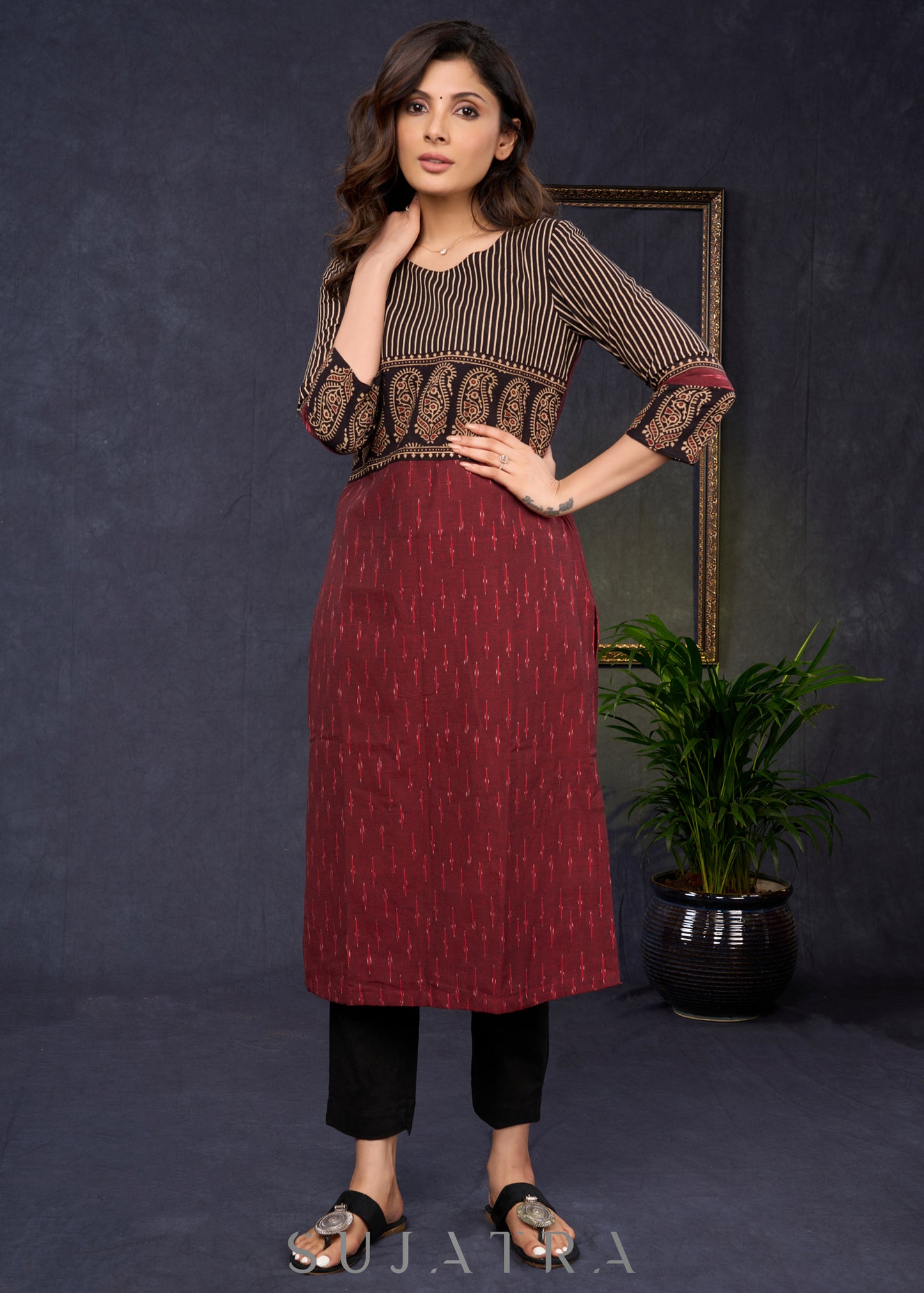 Elegant-Maroon-Cotton-Ikat-And-Ajrakh-Combination-Kurta--Pant-Optional