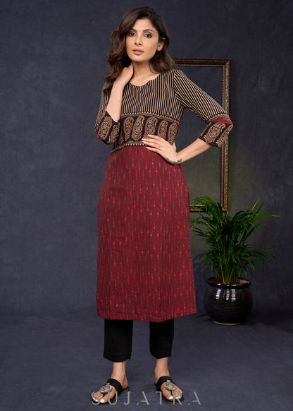 Elegant-Maroon-Cotton-Ikat-And-Ajrakh-Combination-Kurta--Pant-Optional