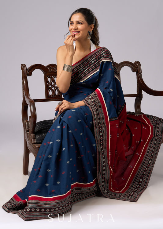 Exclusive blue & maroon combination cotton saree with Ajrakh border