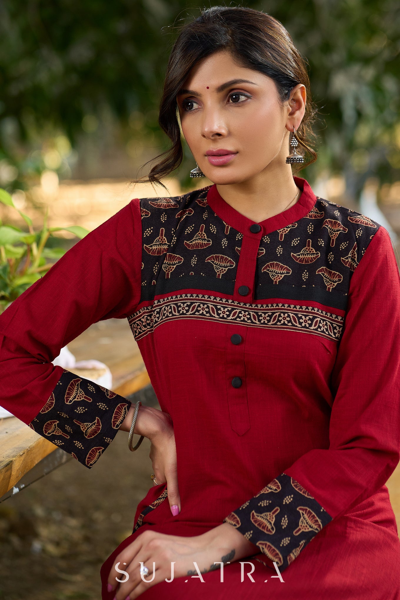 Classic Maroon Cotton Kurta Featuring Subtle Ajrakh Accents