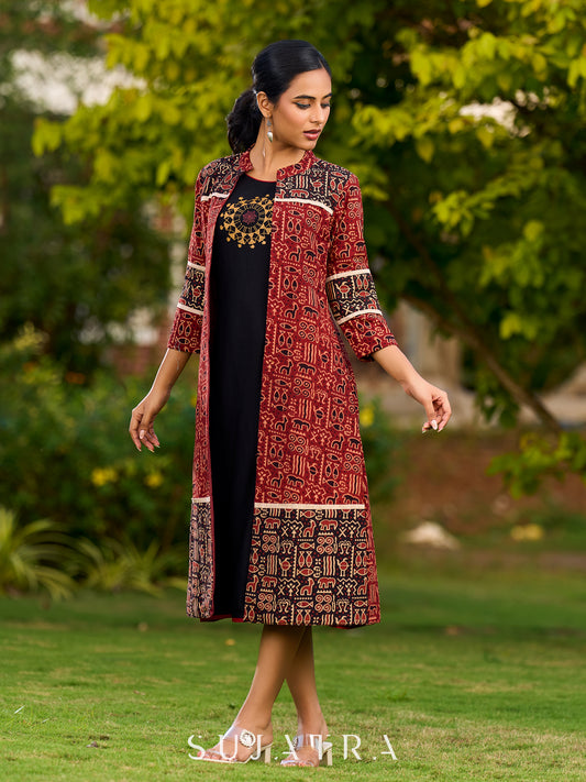 Handcrafted Maroon And Black Ajrakh Jacket Adorned With Animal-Inspired Prints