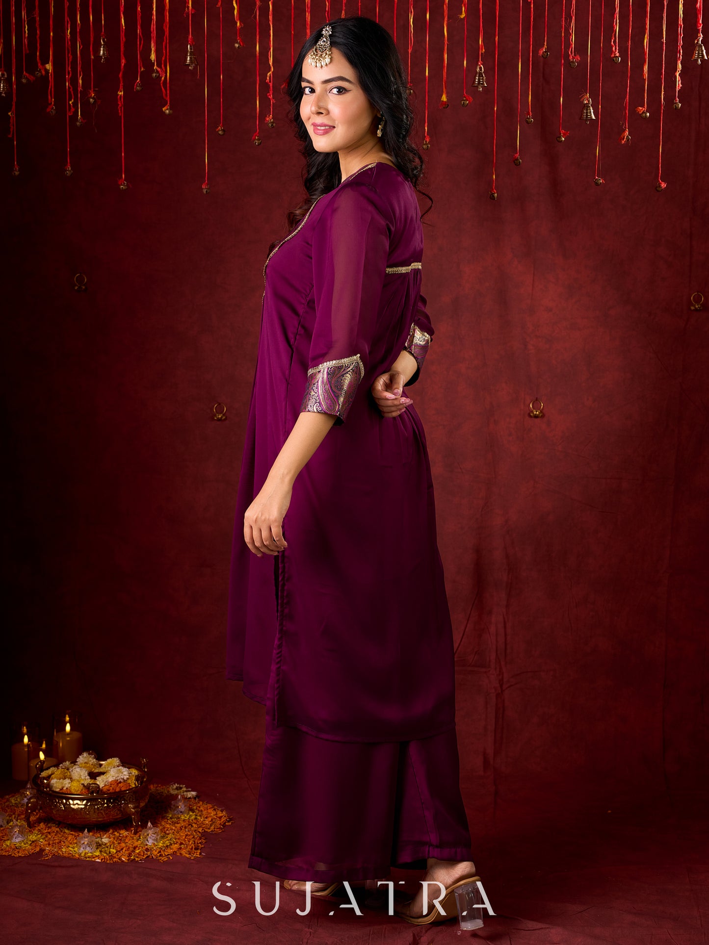 Regal Purple Silk Kurta with Gathered Silhouette & Brocade Accents