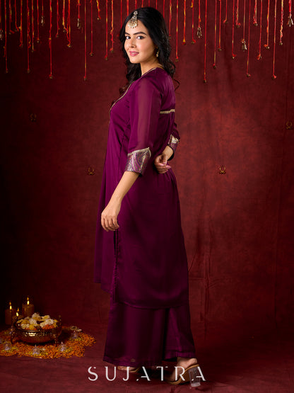 Regal Purple Silk Kurta with Gathered Silhouette & Brocade Accents