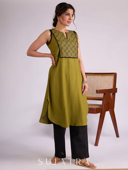 Olive Green Rayon Kurta with Elegant Ajrakh Yoke & Black Piping