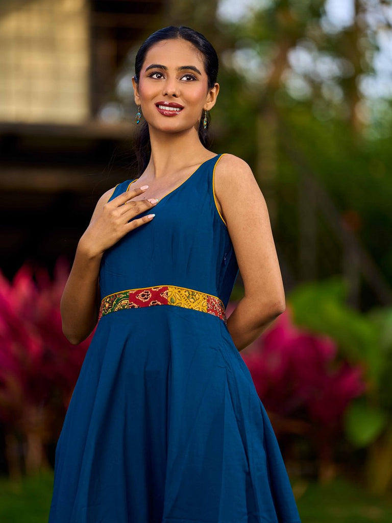 Artisanal Indigo Rayon Flared Dress Featuring Ajrakh Patchwork Hem And Waistline