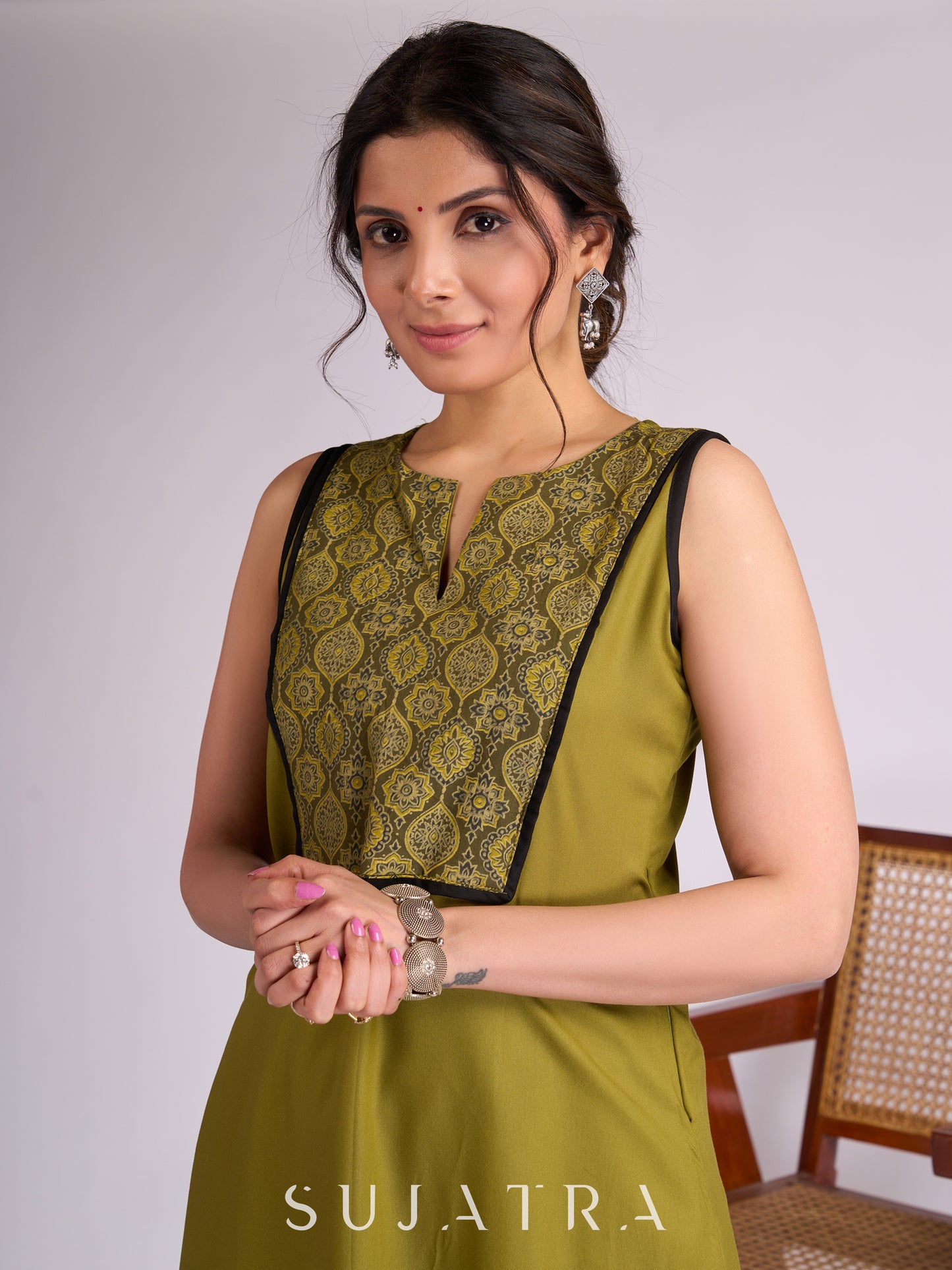 Olive Green Rayon Kurta with Elegant Ajrakh Yoke & Black Piping