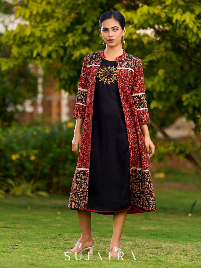 Handcrafted Maroon And Black Ajrakh Jacket Adorned With Animal-Inspired Prints