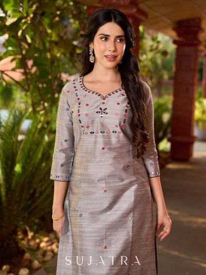 Refined Grey Cotton Silk Kurta with Intricate Contrasting Mirror Work