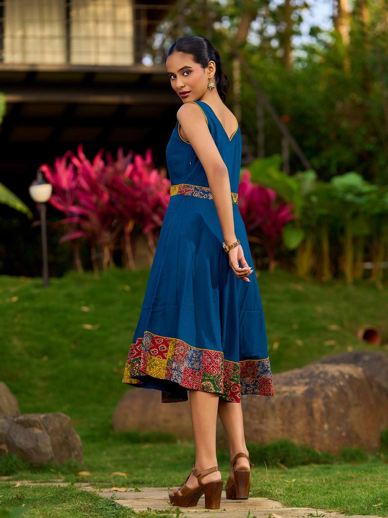 Artisanal Indigo Rayon Flared Dress Featuring Ajrakh Patchwork Hem And Waistline