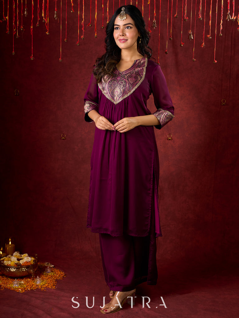 Regal Purple Silk Kurta with Gathered Silhouette & Brocade Accents