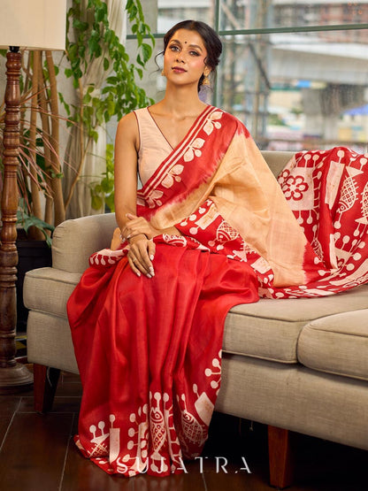 Elegant Red Pure Silk Saree with White Warli Art Print & Folk Motif Pallu