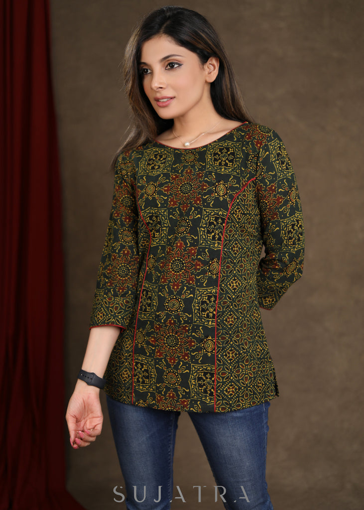 Casual Green Ajrakh Hand Block Printed Cotton Top