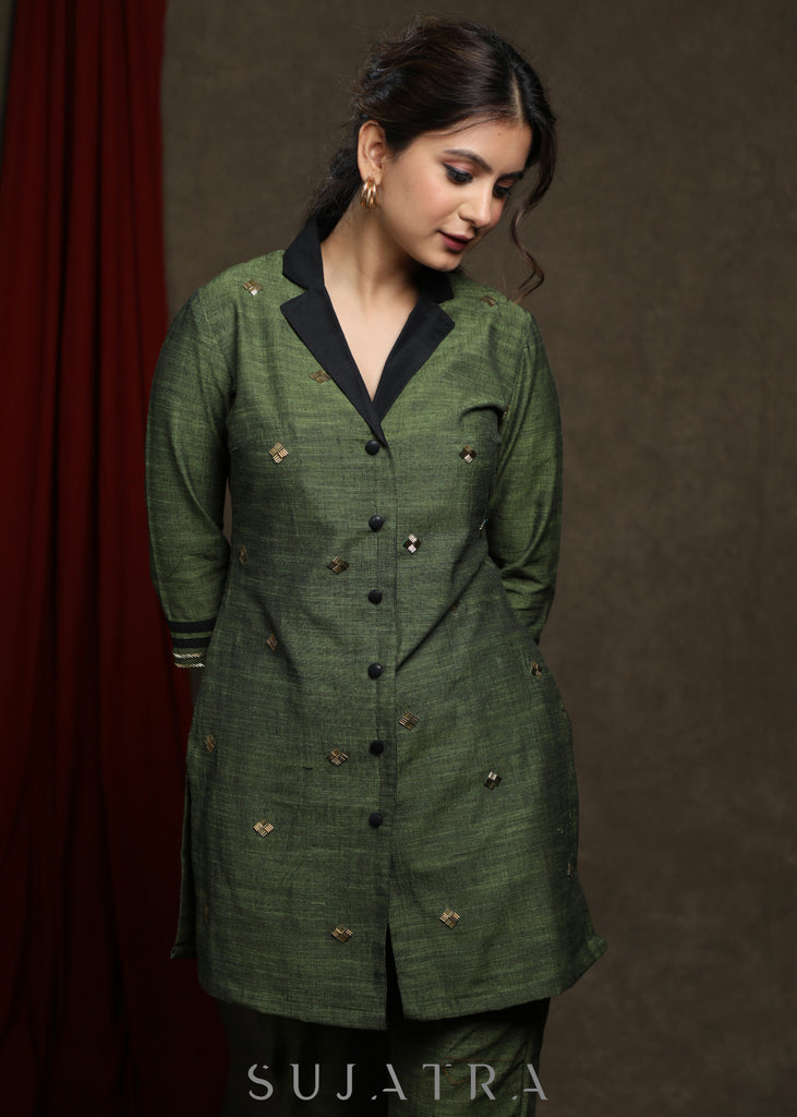 Striking Forest green pure cotton tunic with all over embellishments - Co ord Pant optional