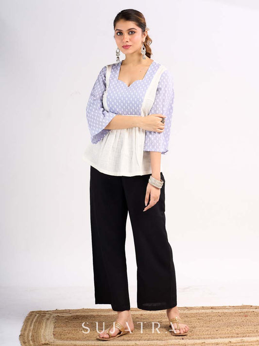 Powder Blue Dobby Cotton Contemporary Top with Soft Gathered Waist