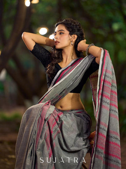 Poised Grey Cotton Saree with Classic Hand Block Printed Borders