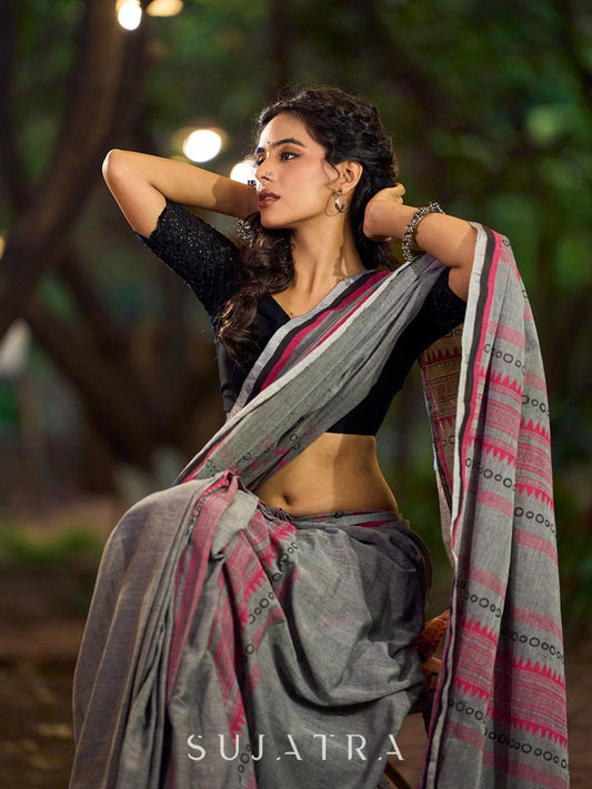 Poised Grey Cotton Saree with Classic Hand Block Printed Borders
