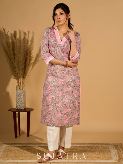 Gleam Grey Cotton Kurta with Paisley Prints and Crochet Charm