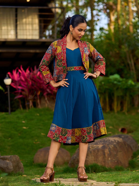 Boho Chic Ajrakh Patchwork Open Front Cotton Jacket - Dress Optional